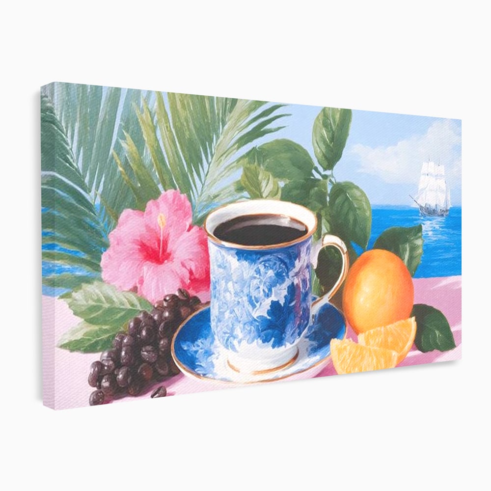 Tablou canvas cu natura moarta cu ceasca de cafea si portocale, fara rama, pe sasiu de lemn